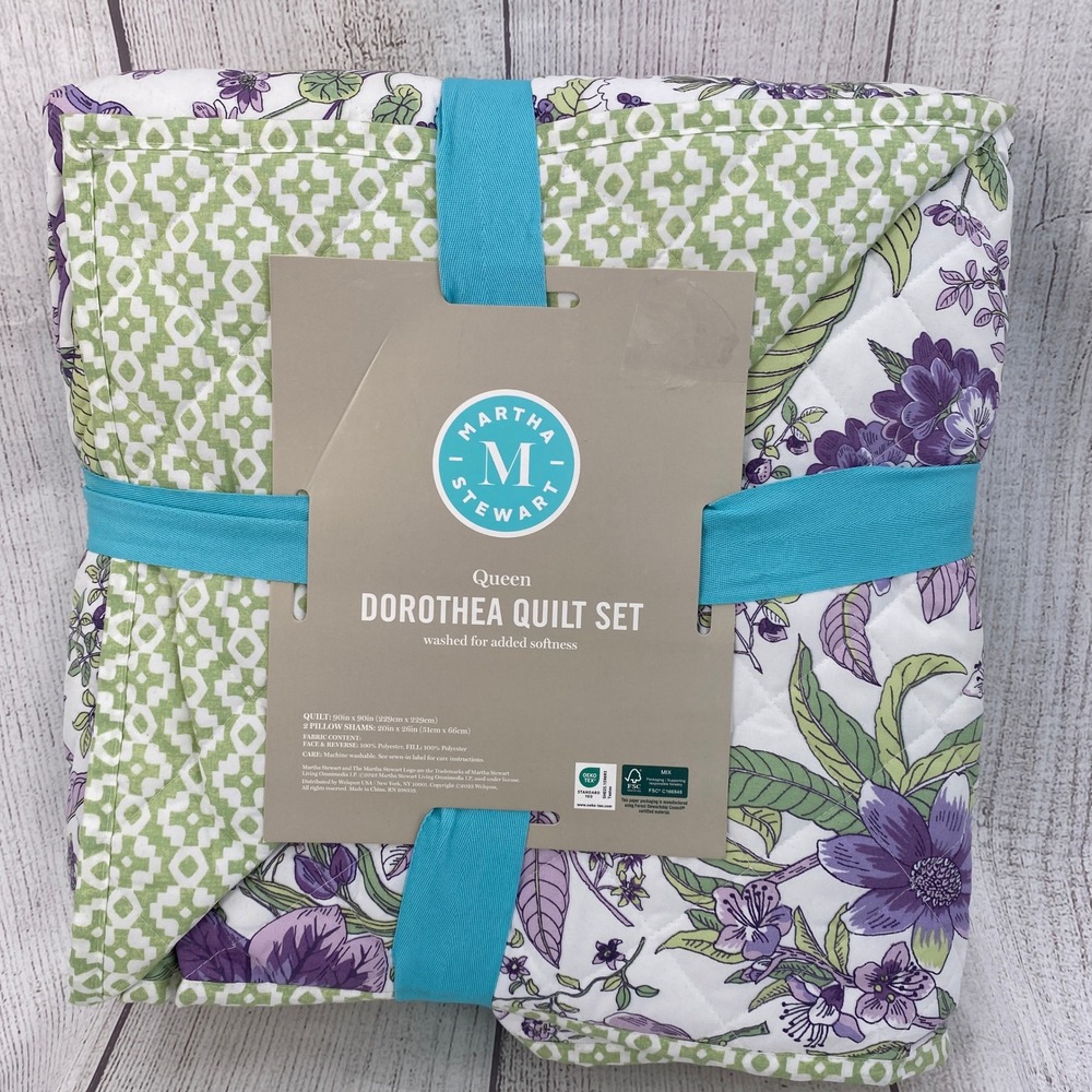 Martha Stewart Dorothea Quilt Set Queen Purple Green Floral Reversible Garden
